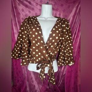 Zara Brown Polka Dot Wrap Blouse Crop Top